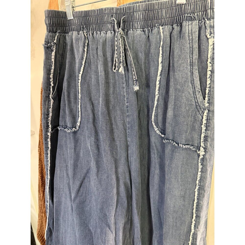 Easel Womens Large Wide Leg Boho Hippie Blue Denim Drawstring Stretch Pants - Picture 3 of 6